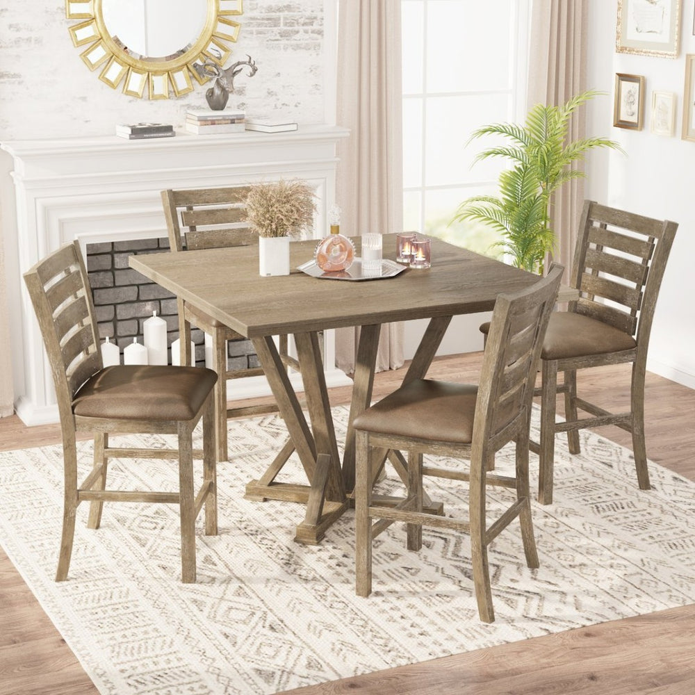 English Elm [5-Piece] Rustic Farmhouse Counter Height Dining Set With Upholstered Chairs For Cozy Spaces W2537S00002-GIGA