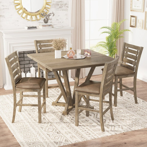 English Elm [5-Piece] Rustic Farmhouse Counter Height Dining Set With Upholstered Chairs For Cozy Spaces W2537S00002-GIGA