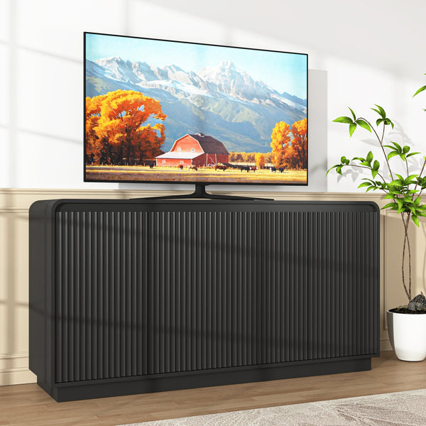 English Elm Black Fluted Wave Door Media Console with Built-in Power Outlet and Adjustable Shelving Black W409P452057