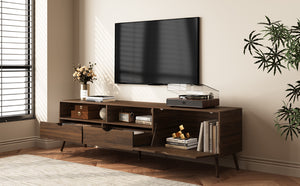 English Elm Mid Century TV Stand Natural Wood Grain with Drop-Down Door, 2 Drawers & 4 Cabinets, Cable-Managed Storage (Fits TVs up to 80") N710P295758P