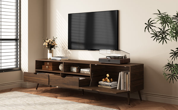 English Elm Mid Century TV Stand Natural Wood Grain with Drop-Down Door, 2 Drawers & 4 Cabinets, Cable-Managed Storage (Fits TVs up to 80") N710P295758P