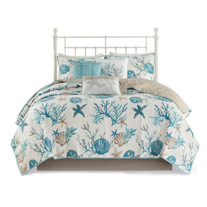 English Elm 6 Piece Cotton Sateen Quilt Set - Coastal Aqua Design With Decorative Pillows For King/Cal King Beds B03597653