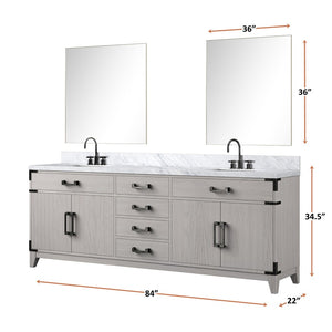 English Elm White Oak Double Vanity Set 84" With Carrara Marble Top, Chrome Faucets, & 36" Matching Mirrors B2731S01881-GIGA