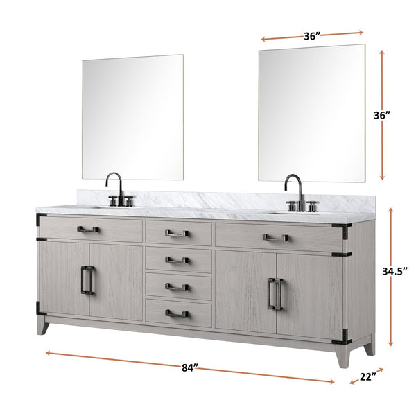 English Elm White Oak Double Vanity Set 84" With Carrara Marble Top, Chrome Faucets, & 36" Matching Mirrors B2731S01881-GIGA