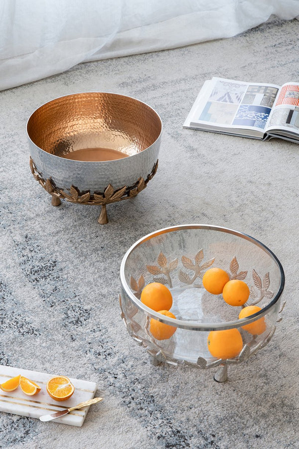 English Elm 13.4x13.4x8.7" Silver Glass Bowl with Floral Cast Aluminum Legs for Elegant Display W2078P490405