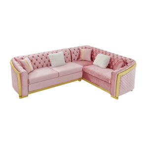 English Elm 106 Inch Velvet Tufted Chesterfield Sectional with Gold Steel Legs for Large Living Rooms Pink W1191S00129