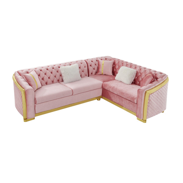 English Elm 106 Inch Velvet Tufted Chesterfield Sectional with Gold Steel Legs for Large Living Rooms Pink W1191S00129