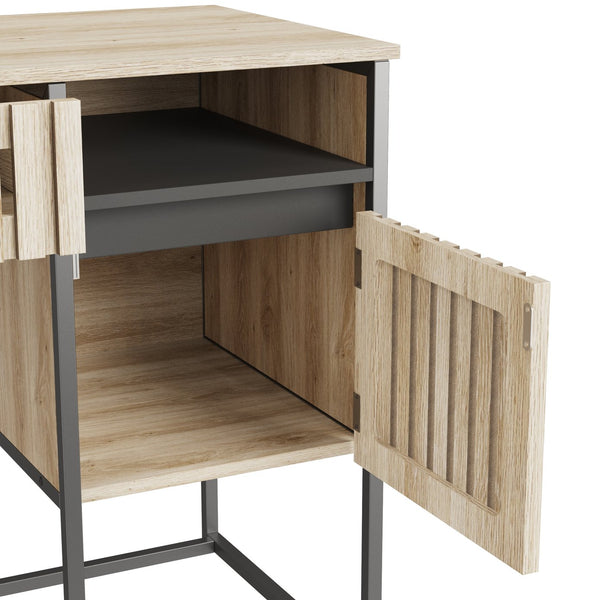 English Elm Fluted,Desk,Computer sleek natural+black slatted storage desk with 2 drawers & cabinet, MDF metal frame, versatile modern workspace solution W2673P209539