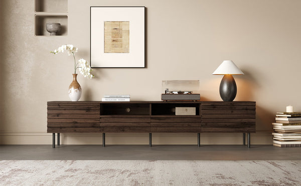English Elm 78 Inch Walnut Media Console with Slatted Doors Iron Legs and Cable Management N710P373591Q