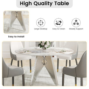 English Elm 53" Round Marble Dining Table - Sleek White Sintered Stone & Silver Stainless Base For 6 People Dining W1535S00461