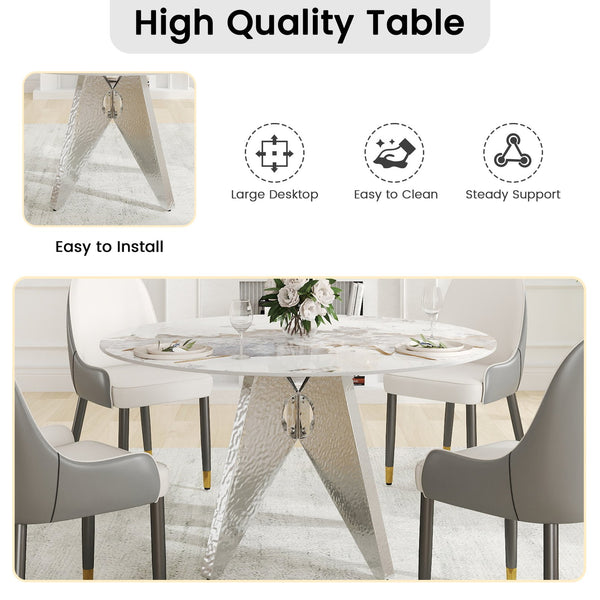English Elm 53" Round Marble Dining Table - Sleek White Sintered Stone & Silver Stainless Base For 6 People Dining W1535S00461