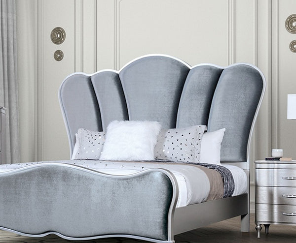 English Elm Lovely Art Deco 3pc Queen Bedroom Set with Light Gray Padded Channel Headboard and Oak Veneer Accents Silver 96 L x 53 W x 6 H B2741S00200