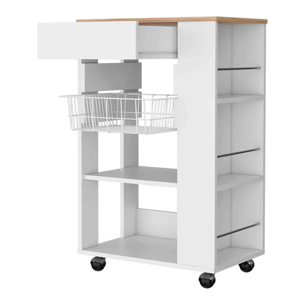 English Elm Shelton Rolling Kitchen Cart with Open Shelves Drawer and Hanging Utensil Rack B128S00144