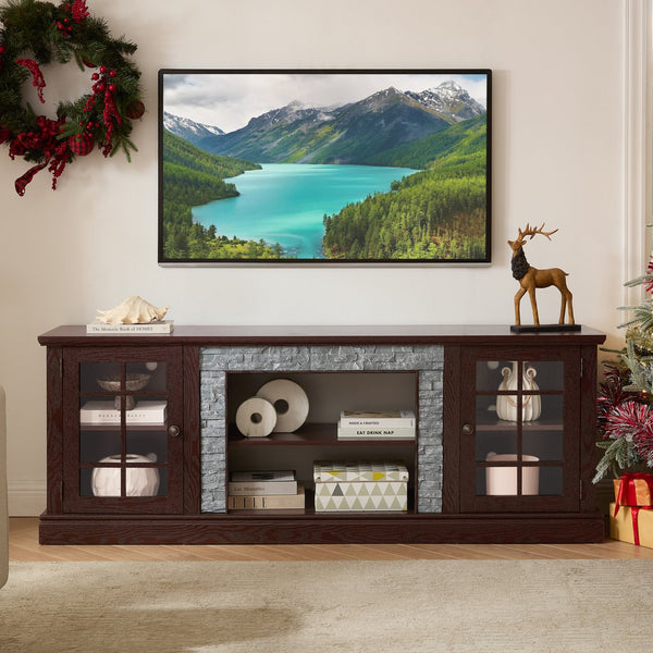 English Elm 70" Modern TV Stand with Faux Stone Top, Spacious 2-Door Media Console with Cable Management and Adjustable Shelves, Vintage Metal Handles, Durable MDF Construction for Living Room Entertainment (Fits up to 75") Cherry W2275P342689
