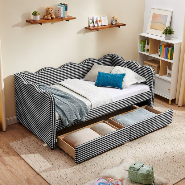 English Elm Twin Gingham Linen Daybed with Wave Silhouette Usb Port and Dual Storage Drawers Black W1413S00145