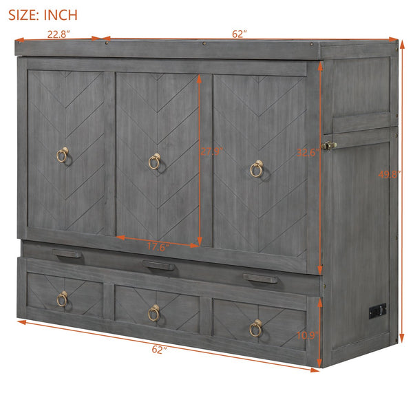 English Elm Queen Murphy Wall Bed with Pull Out Storage Drawer and Built in Usb Charging Gray LP000428AAE