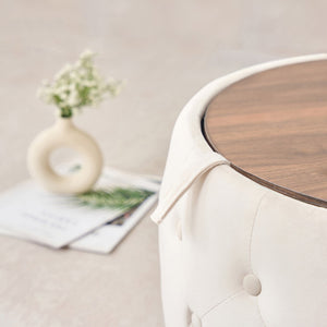 English Elm Ball Cast Round Nesting Ottoman Set Linen Upholstered Hidden Storage with Wooden Tray Beige W3163P379358