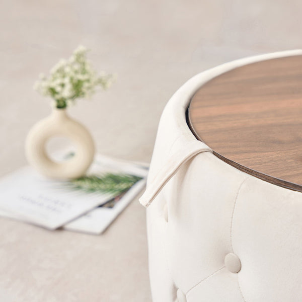 English Elm Ball Cast Round Nesting Ottoman Set Linen Upholstered Hidden Storage with Wooden Tray Beige W3163P379358