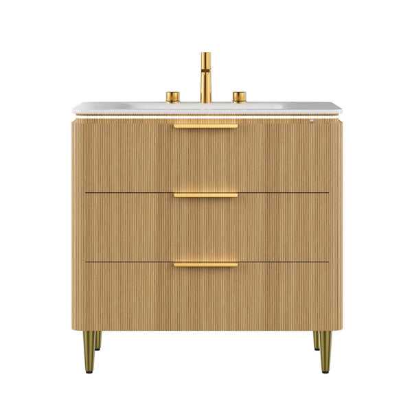 English Elm AMARA 36'' Bathroom Vanity with Integrated Sintered Stone Basin, Preassembled Plywood Cabinet, LED Motion Sensor Storage Carrara White,Light Oak W2615P346339