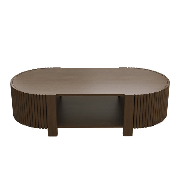 English Elm Oval Fluted Rubberwood Coffee Table with Open Storage Shelf for Living Room Walnut N735P369880D