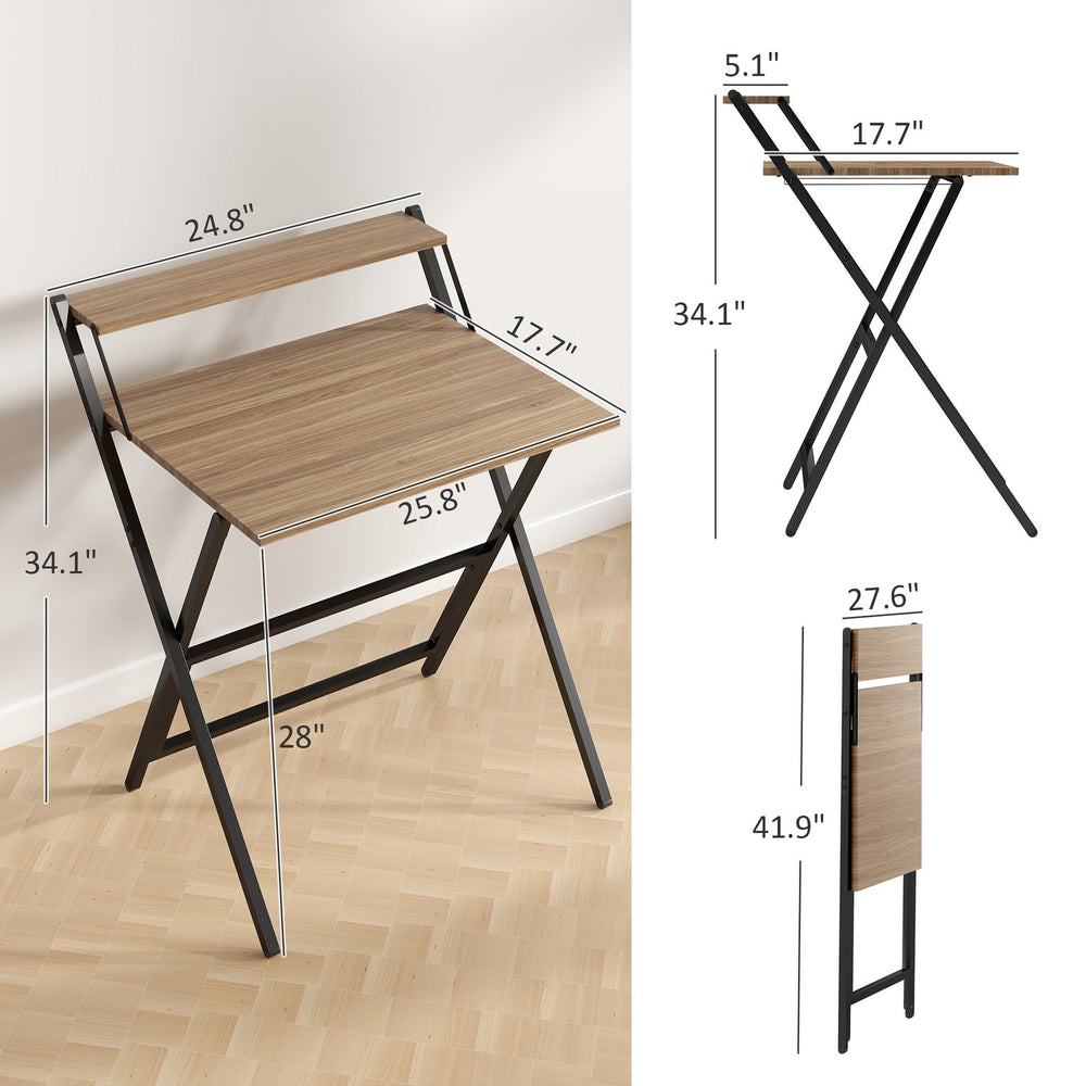 English Elm Folding Home Office Desk with Monitor Shelf Walnut Mdf Top Steel X Frame T3971P408186