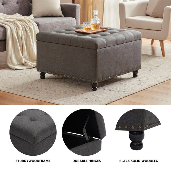 English Elm Large Tufted Square Ottoman with Hidden Storage Solid Wood Frame Living Room Seat T2694P193504