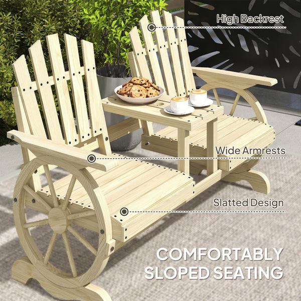 English Elm Outsunny Rustic Fir Wood 2 Seat Garden Bench with Wagon Wheel Legs and Center Table W2225P485566