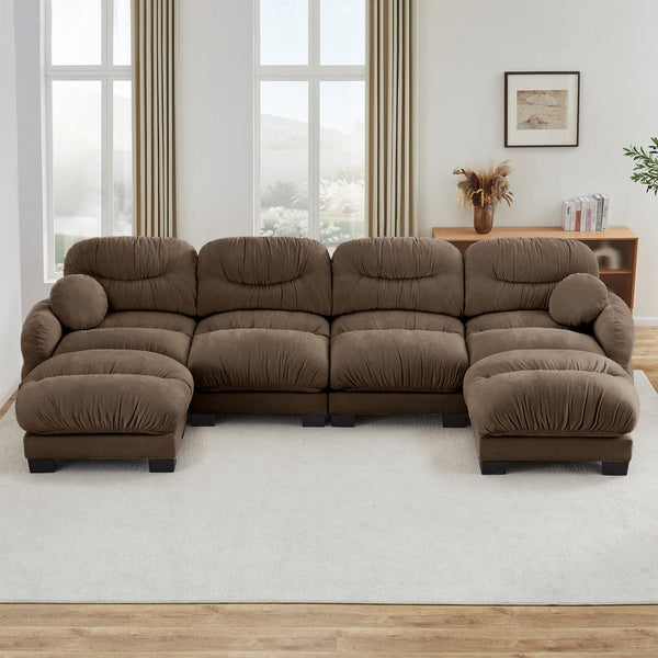 English Elm Pleated Chenille U-shape Modular Sectional Sofa with Ottomans and Ergonomic Foam Cushions Brown W5656S00063