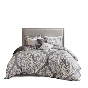 English Elm King/Cal King Vienna 6-Piece Printed Cotton Sateen Duvet Set — Damask, Flange, Embroidered Pillows B03597323