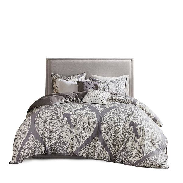 English Elm King/Cal King Vienna 6-Piece Printed Cotton Sateen Duvet Set — Damask, Flange, Embroidered Pillows B03597323