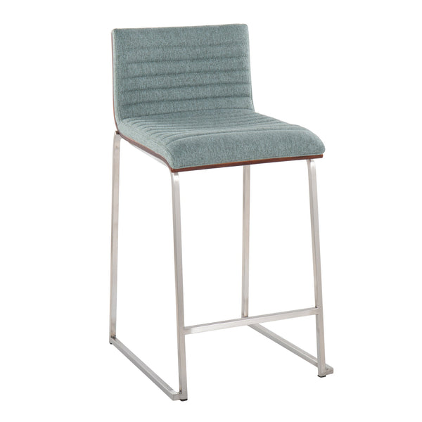 English Elm Mason Mara 26" Stylish Counter Stool Set Of 2 - Walnut Wood, Green Fabric & Stainless Steel Base B202P222074