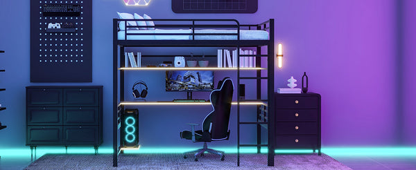 English Elm Full Size Metal Loft Bed Frame with Desk, LED Lights, Storage Shelves & Guardrails for Gamers DL002208AAB