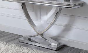 English Elm Glam Luxurious Sofa Table with Faux Marble Beveled Top and Curved Pedestal Base for Elegant Living Rooms Chrome 19 L x 58 W x 4 H B2741S00432