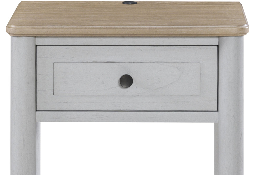 English Elm Small Teen Nightstand Cement & Sand Finish White Solid Wood Drawer USB Charging Open Shelf Modern Design — Compact Storage for Teens B2699P386482