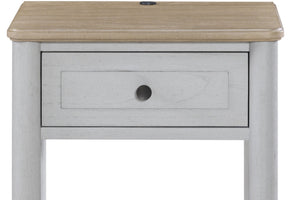 English Elm Small Teen Nightstand Cement & Sand Finish White Solid Wood Drawer USB Charging Open Shelf Modern Design — Compact Storage for Teens B2699P386482