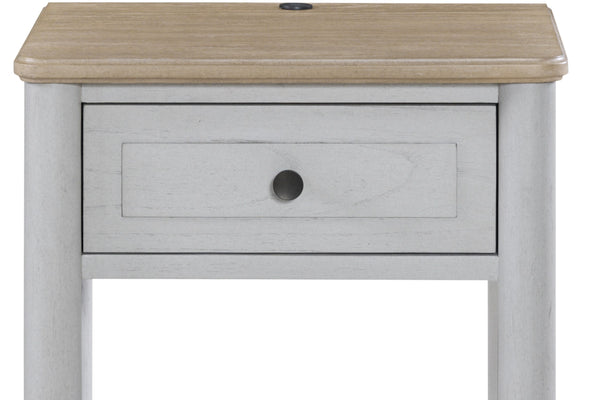 English Elm Small Teen Nightstand Cement & Sand Finish White Solid Wood Drawer USB Charging Open Shelf Modern Design — Compact Storage for Teens B2699P386482