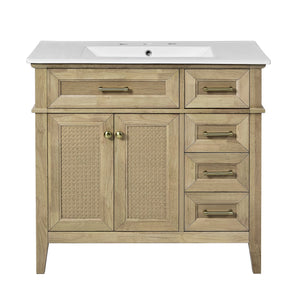 English Elm 36" Light Oak Bathroom Vanity with Ceramic Sink, Rattan Accents, Soft-Close Doors & Spacious Drawers N729P208125O
