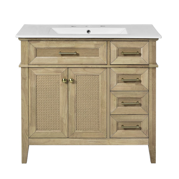 English Elm 36" Light Oak Bathroom Vanity with Ceramic Sink, Rattan Accents, Soft-Close Doors & Spacious Drawers N729P208125O
