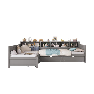 English Elm Twin Corner Daybed with Storage Drawers Bookshelf Wood L-shape Frame for Small Rooms Grey N733S369272E