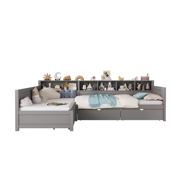 English Elm Twin Corner Daybed with Storage Drawers Bookshelf Wood L-shape Frame for Small Rooms Grey N733S369272E