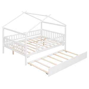 English Elm Full Size Pine House Bed with Roofline Frame and Roll Out Twin Trundle for Kids LP100306AAK
