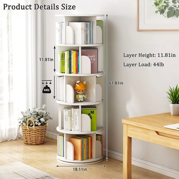 English Elm 5 Tier Rotating Bookshelf Tower with Curved Edges, 360° Smooth Spin, Stable Double-Layer Base, Space-Saving Storage White W3204P293743