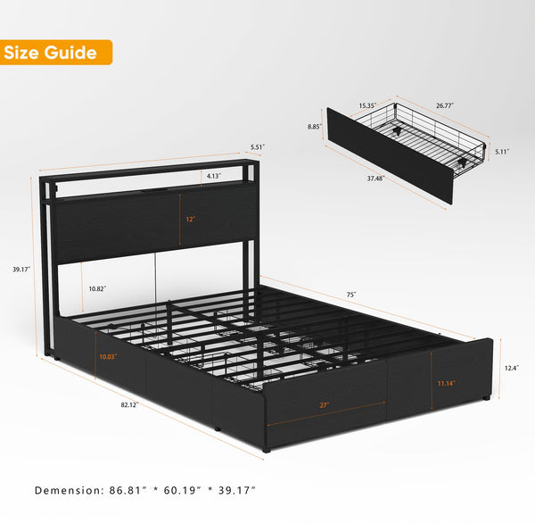 English Elm Full Platform Bed with 6 Storage Drawers Led Lighting and Usb Charging Headboard Shelf W2129P314788