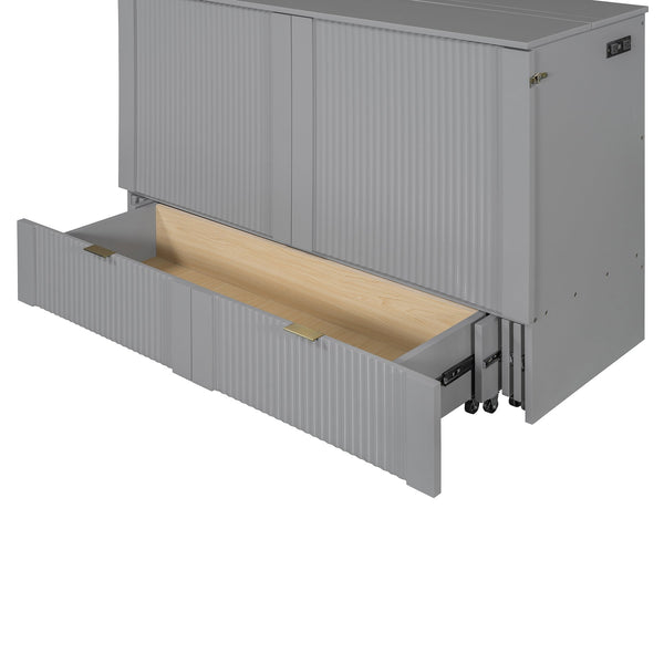 English Elm Full Size Wall Murphy Bed Cabinet with Usb Ports Drawer and Pulley Lift Gray Finish LP100770AAE