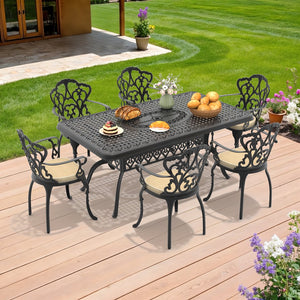 English Elm 7-piece Cast Aluminum Outdoor Dining Set with Carved Relief Frames and Cushioned Chairs W1710S00592