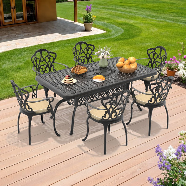 English Elm 7-piece Cast Aluminum Outdoor Dining Set with Carved Relief Frames and Cushioned Chairs W1710S00592