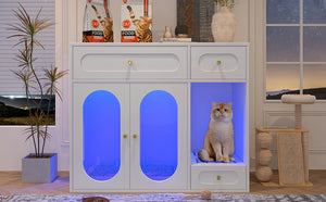 English Elm Cat Litter Box Cabinet with Led Lighting Acrylic Doors and Drawer Storage End Table White N704P402444K