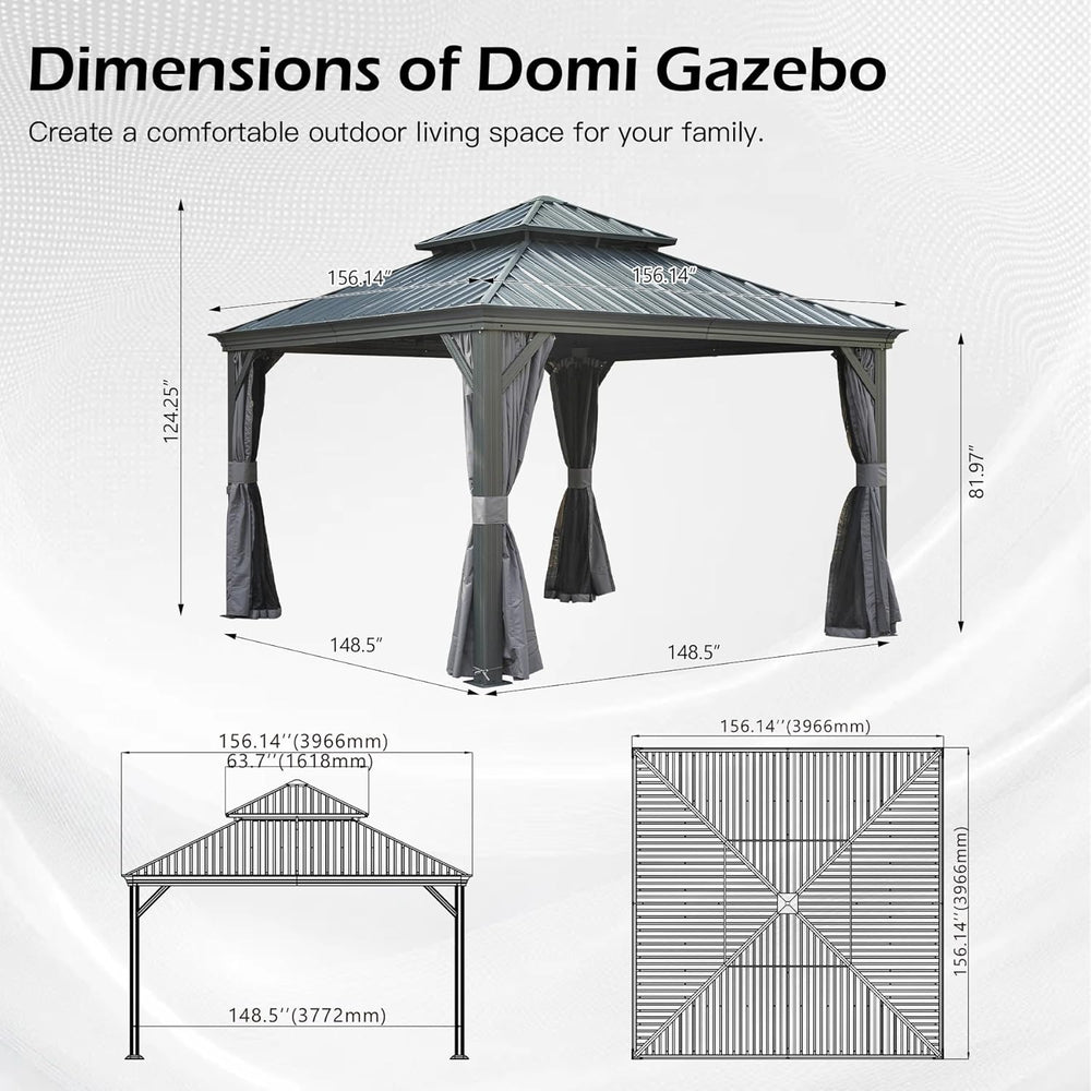 English Elm 13x13ft Hardtop Gazebo Galvanized Steel Vented Double Roof with Curtains Netting Patio Gray W1859S00203
