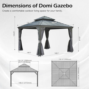 English Elm 13x13ft Hardtop Gazebo Galvanized Steel Vented Double Roof with Curtains Netting Patio Gray W1859S00203