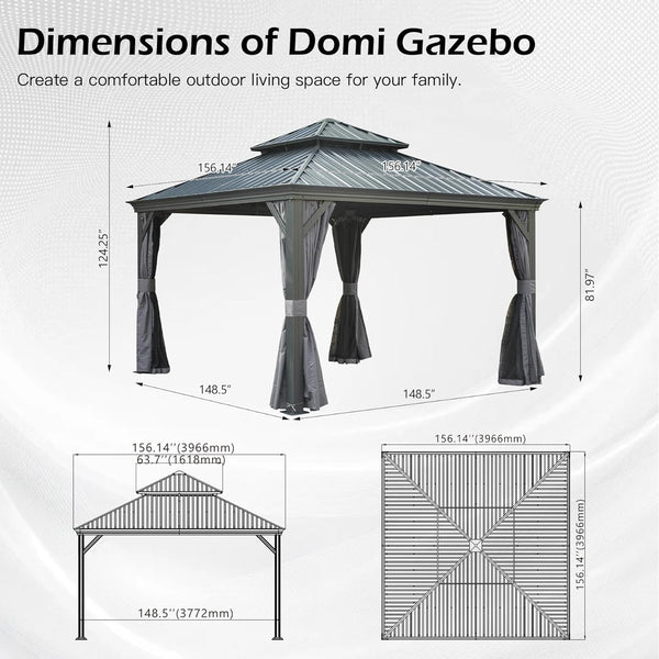 English Elm 13x13ft Hardtop Gazebo Galvanized Steel Vented Double Roof with Curtains Netting Patio Gray W1859S00203